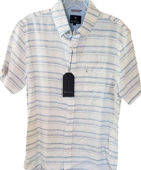 Ben Sherman Bright White Linen Blend Button Down Shirt - Picture 1 of 8
